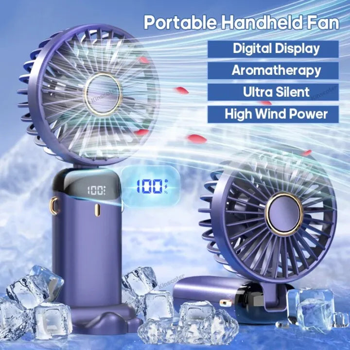 USB Rechargeable Handheld Mini Fan – Foldable Portable Neck Hanging Fan with 5 Speeds, LED Display & Phone Stand