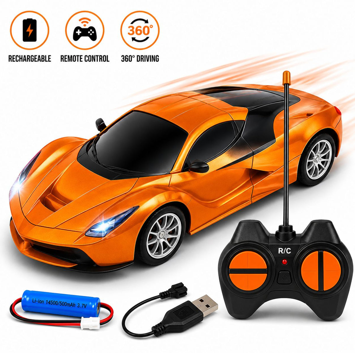 1:20 RC Sports Car – Rechargeable Remote Control Drift Car with LED Headlights, 2.4GHz Racing Toy for Kids