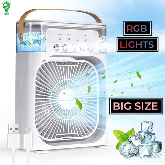 Portable Air Conditioner Mist Fan – 3-in-1 USB Air Cooler with Humidifier, Ice Cooling, LED Light & Adjustable Speeds for Home, Office & Bedroom (10 Inch)