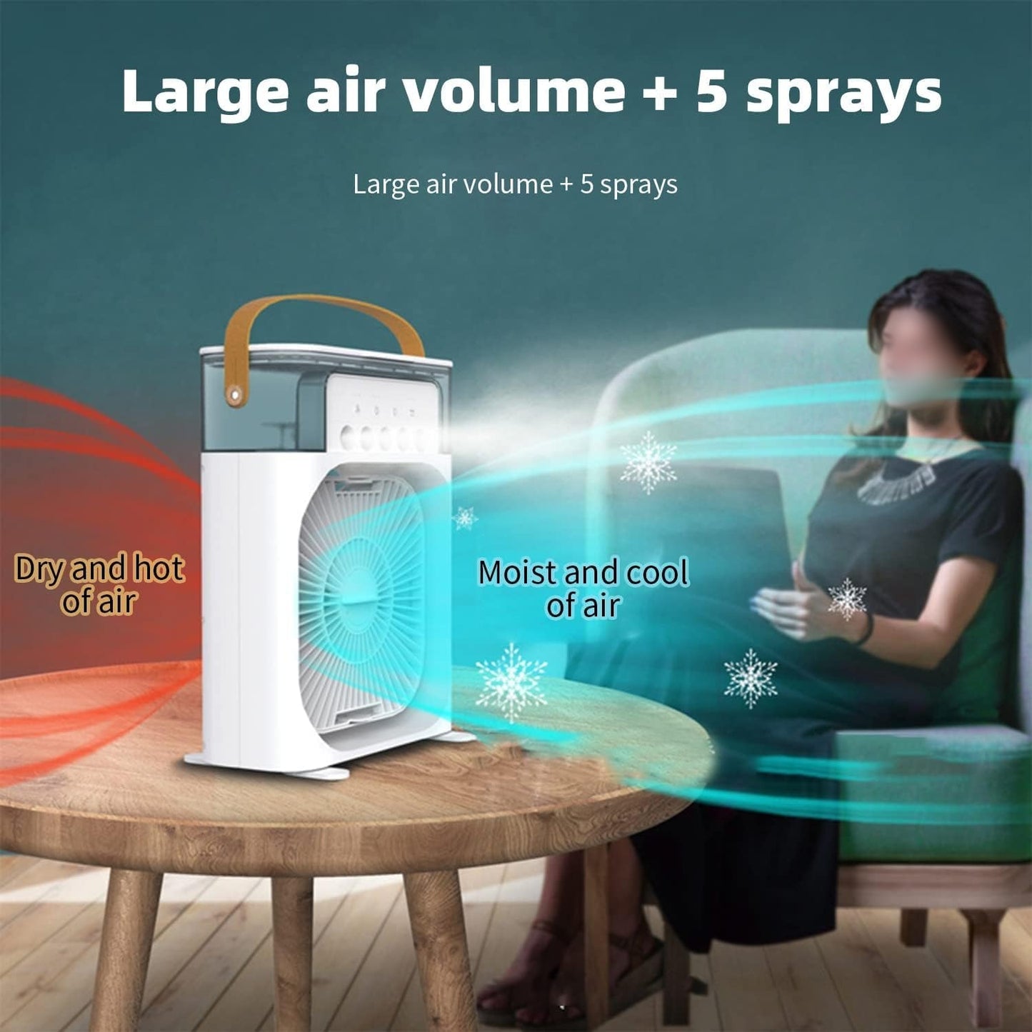 Portable Air Conditioner Mist Fan – 3-in-1 USB Air Cooler with Humidifier, Ice Cooling, LED Light & Adjustable Speeds for Home, Office & Bedroom (10 Inch)