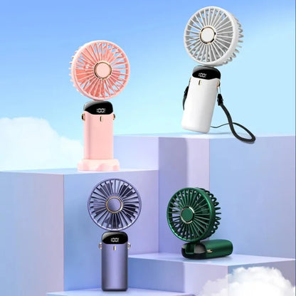 USB Rechargeable Handheld Mini Fan – Foldable Portable Neck Hanging Fan with 5 Speeds, LED Display & Phone Stand