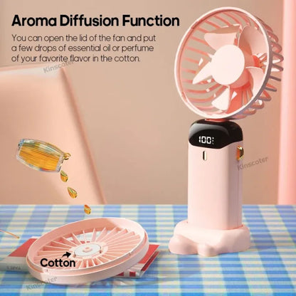 USB Rechargeable Handheld Mini Fan – Foldable Portable Neck Hanging Fan with 5 Speeds, LED Display & Phone Stand