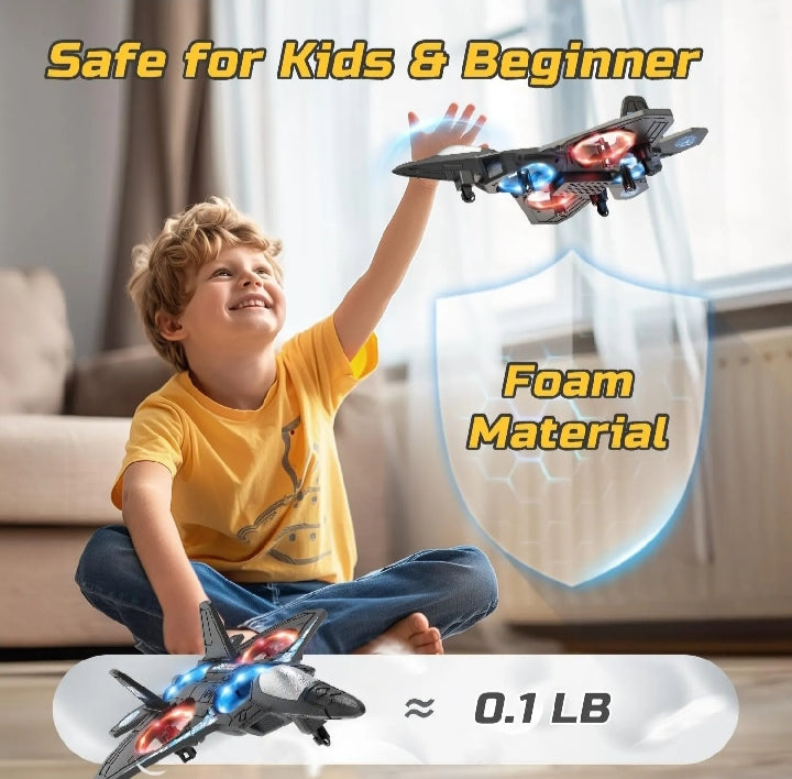 RC Fighter Jet Airplane Toy – Rechargeable Remote Control Aircraft with 360° Stunt Flips, LED Lights & Long-Range Control for Kids