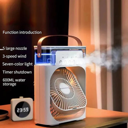 Portable Air Conditioner Mist Fan – 3-in-1 USB Air Cooler with Humidifier, Ice Cooling, LED Light & Adjustable Speeds for Home, Office & Bedroom (10 Inch)