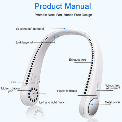 Portable Bladeless Neck Fan – Rechargeable USB Hands-Free Wearable Personal Cooling Fan with Dual Airflow for Travel, Office & Outdoor Use