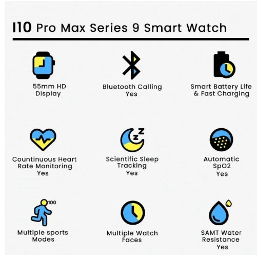 i10 Pro Max Smart Watch – 2.19" HD Display, Bluetooth Calling, Heart Rate & SpO2 Monitor, Fitness Tracker for Android & iPhone