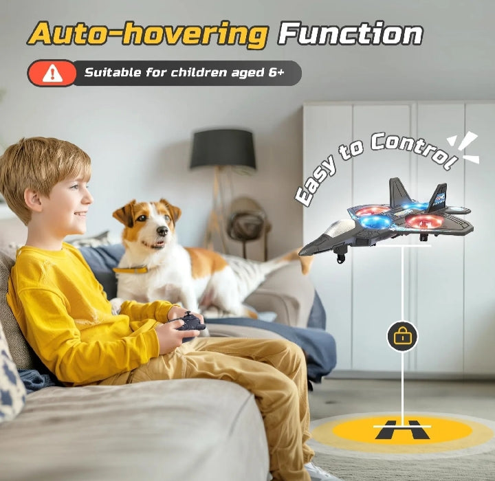 RC Fighter Jet Airplane Toy – Rechargeable Remote Control Aircraft with 360° Stunt Flips, LED Lights & Long-Range Control for Kids