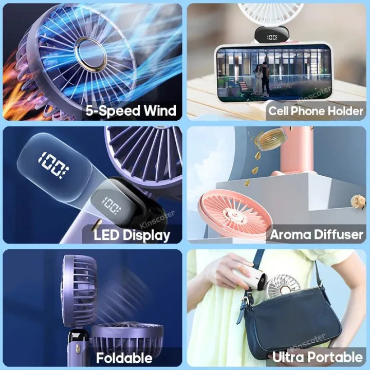 USB Rechargeable Handheld Mini Fan – Foldable Portable Neck Hanging Fan with 5 Speeds, LED Display & Phone Stand