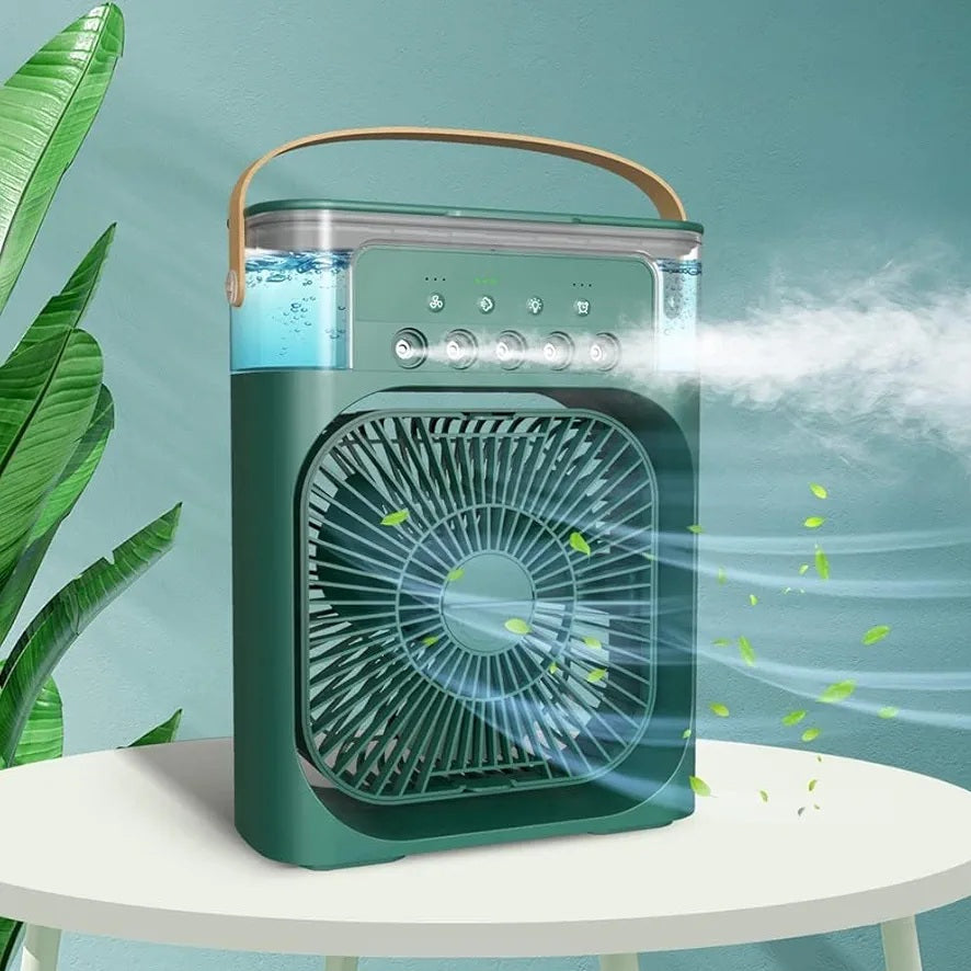 Portable Air Conditioner Mist Fan – 3-in-1 USB Air Cooler with Humidifier, Ice Cooling, LED Light & Adjustable Speeds for Home, Office & Bedroom (10 Inch)