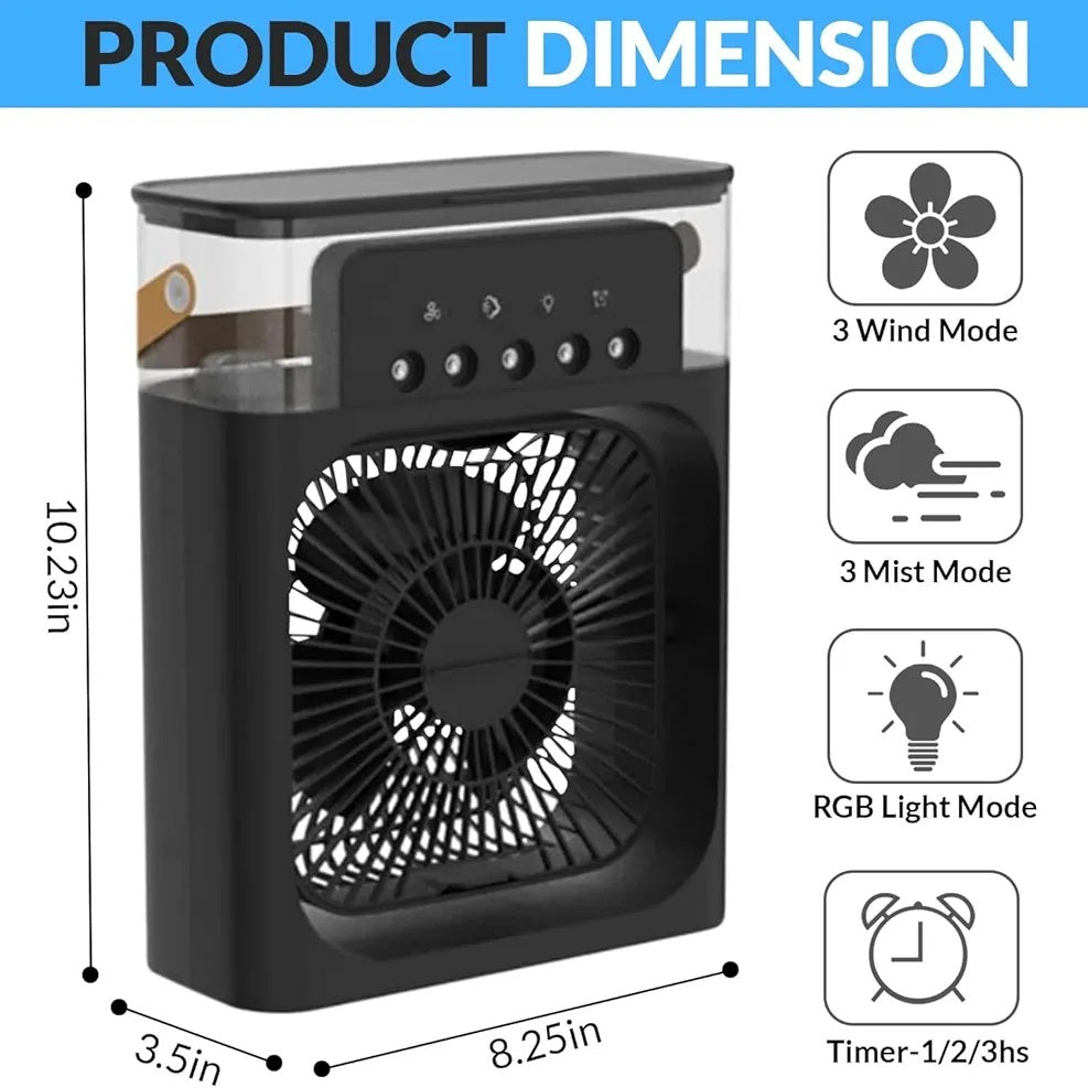 Portable Air Conditioner Mist Fan – 3-in-1 USB Air Cooler with Humidifier, Ice Cooling, LED Light & Adjustable Speeds for Home, Office & Bedroom (10 Inch)