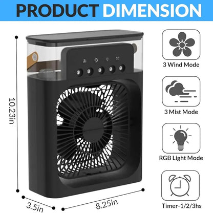 Portable Air Conditioner Mist Fan – 3-in-1 USB Air Cooler with Humidifier, Ice Cooling, LED Light & Adjustable Speeds for Home, Office & Bedroom (10 Inch)