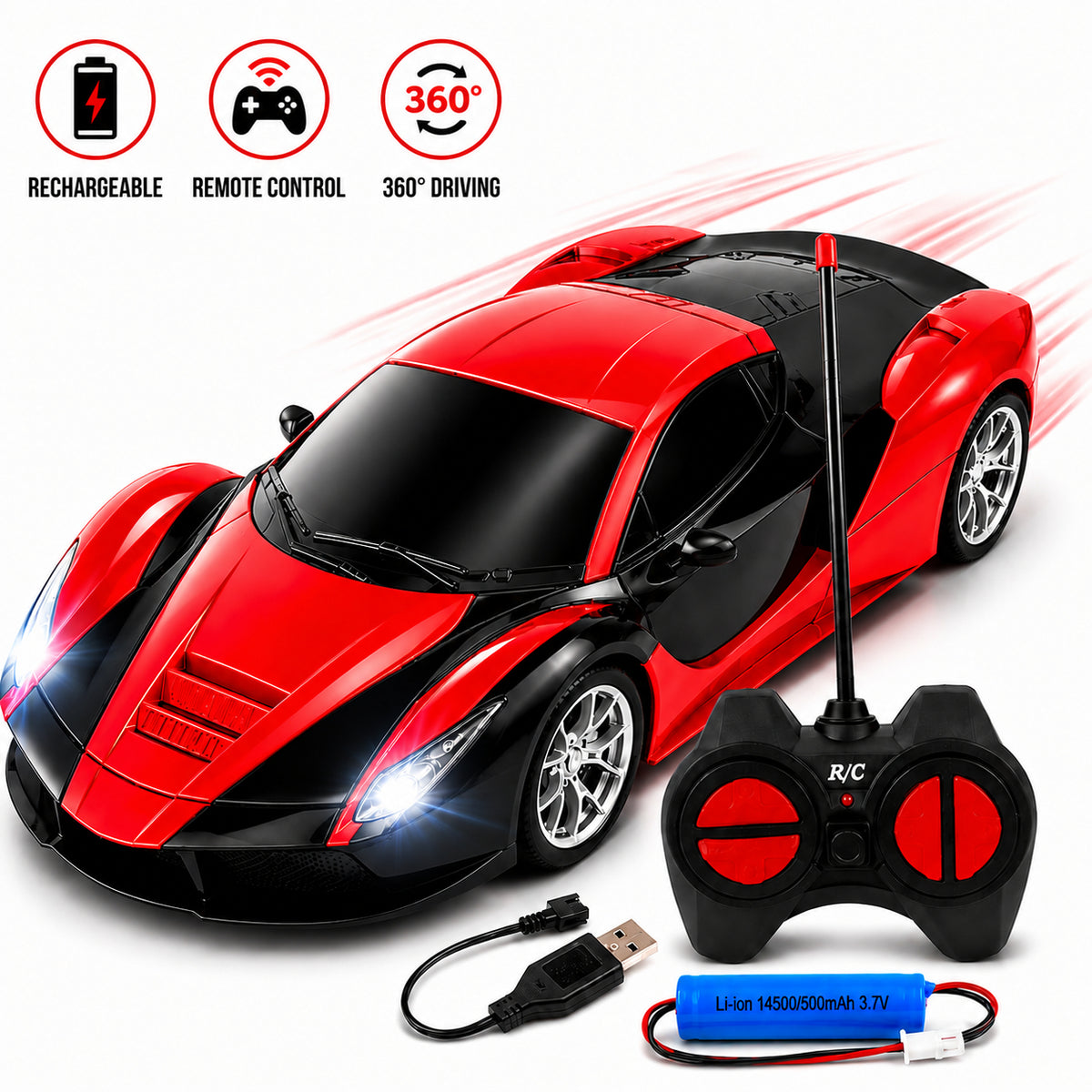1:20 RC Sports Car – Rechargeable Remote Control Drift Car with LED Headlights, 2.4GHz Racing Toy for Kids