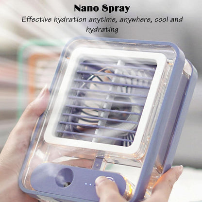 Portable Air Conditioner Mist Fan – 3-in-1 USB Air Cooler with Humidifier, Ice Cooling, LED Light & Adjustable Speeds for Home, Office & Bedroom (10 Inch)